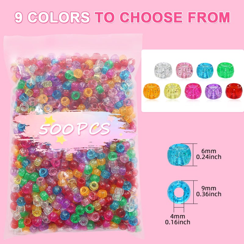 Looconi Amaney 500 Pieces Glitter Pony Beads 6x9mm Mixed Colors Transparent Plastic for Hair Braids Jewelry Making - Image 2